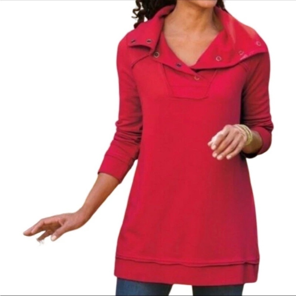 Soft Surroundings Long Sleeve Knit Tunic Top Size M Red Snap Neckline *Read